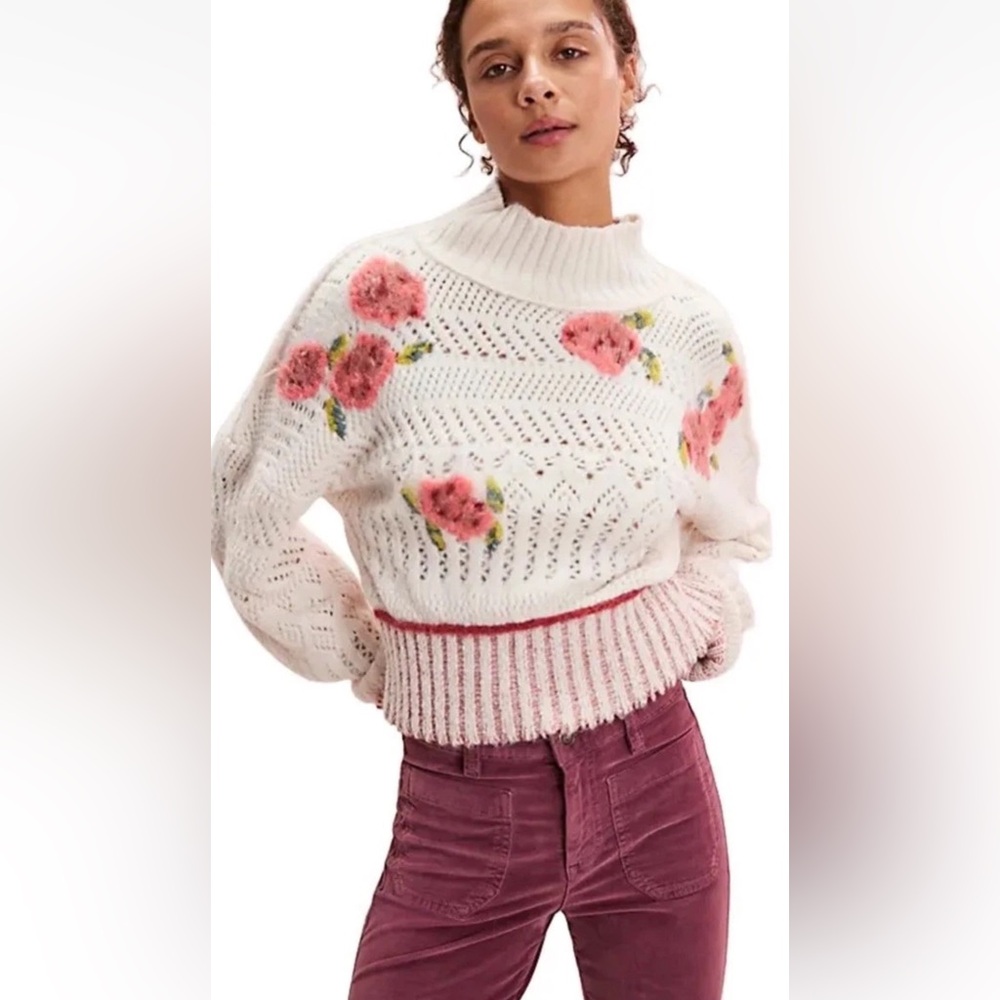 Free People Inge Pullover Sweater Floral Knit Crop Rib Trim Ivory Rose Combo - Picture 4 of 6